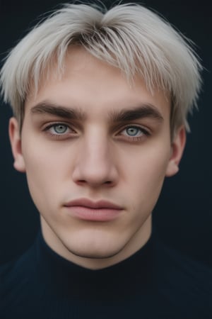 In a dramatic close-up shot, Pavel's piercing blue eyes lock onto the viewer, his gaze intense as he channels his inner ice magic. His long, white hair flows like a river of snow down his back, adorned with a delicate hair ornament that sparkles like frost. His upper body is the focal point, the rest of him blurred out to emphasize his striking features. The overall aesthetic is one of icy elegance and mystique, exuding an aura of cute boy charm.