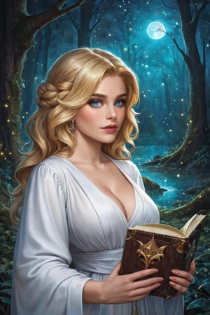 A beautiful witch wearing white robe, reading a grimoire in a starry night, in an enchanting forest, surrounded by mystical atmosphere and magical ambiance, glitters, glowing particles, misty. (masterpiece, top quality, best quality, official art, beautiful and aesthetic:1.2), (1girl:1.4), upper body, blonde hair, portrait, extreme detailed, fantasy art, intricate arcane wiccan designs, 