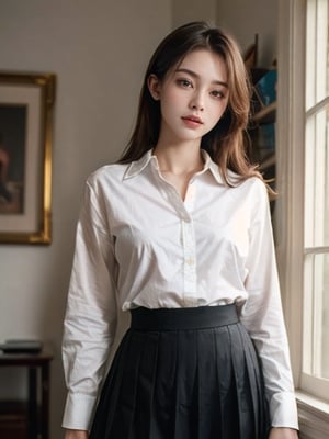 (masterpiece,best quality:1.5),ultra realistic,32k,RAW photo,(high detailed skin:1.2), 8k uhd, dslr, soft lighting, high quality, film grain,lots of details ,pleated skirt , button down shirt ,pretty lady , royal style, gold  accessories,, 1girl, anime