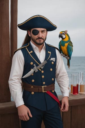 A fierce pirate captain with a tricorne hat and an eyepatch, standing on the deck of a ship during a storm, holding a cutlass, with a parrot on his shoulder A mad scientist hamster in a tiny lab coat, conducting bizarre experiments with miniature beakers and test tubes in a secret lab hidden inside a hamster wheel Ultra realistic, professional photo, uhd, 8k 