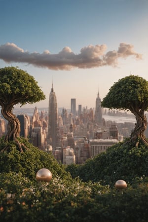 Floating Cityscape: A majestic, whimsical metropolis suspended amidst a dreamy, enchanted forest. Vibrant green foliage and sparkling flowers dance beneath the clouds, as twisted trees and vines stretch towards the sky. Natural lighting casts dramatic shadows, while unique fantastical elements like floating islands and orbs add depth. Highly detailed vegetation and intricate mushroom textures shine with luscious color and rim light. A stunning, cinematic masterpiece featuring a beautifully lit cityscape at golden hour, with a blurred background and selective focus, evoking hope and wonder in the viewer.