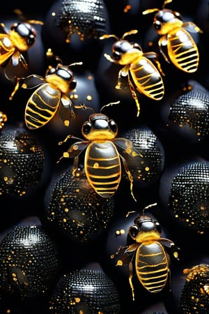 Honeybee made out of black diamonds, honeycomb shimmering glistening black diamonds that twinkle, honey falling to the grounds, gold string ties it all together, p1nkblackd1am0nds, enhanced textures, creative, beautiful, vibrant, masterpiece, 8k, ultra HD, ultra-detailed, amazing quality, amazing artist, sharp edges, detailed textures, full view, atmospheric lighting, amazing visuals