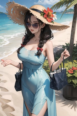 (masterpiece:1.2, best quality), 1lady, solo, upper body, big tits, latexskin
Elegant and flowy maxi dress in a vibrant color or pattern
Polished and radiant with natural-looking makeup and loose waves
Beachside resort or a garden party
Floppy sun hat and oversized sunglasses, with a straw tote bag to complete the look
Loose waves or braided updo, with floral hair accessories for a touch of whimsy