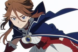 score_9, score_8_up, score_7, source_anime, anime screencap, BREAK,
1girl, Karna Freese, brown hair, blue eyes, blue cape, red choker, white dress, red boots, single bun, 

, Cowboy shot, 

, ((white background, blank background)):1.3,