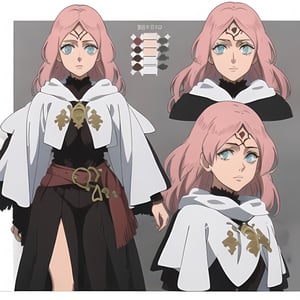 White background:1.5, character sheet, 

((best quality)), masterpiece, ((official art)),  beautiful face, tonemapping, sharp focus,high res,official art, Fana, 1girl, long hair, blue eyes, pink hair , forehead mark

,