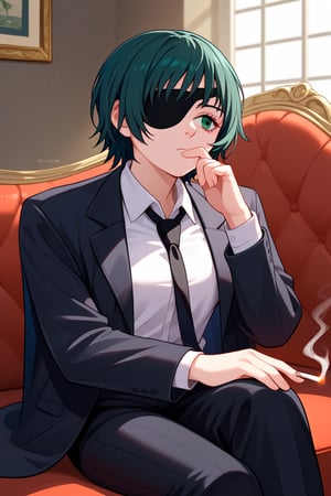 score_9, score_8_up, score_7_up, solo, 1girl, csmhimeno, expressionless, looking away, sitting, couch, holding cigarette, between fingers, green eyes, eyepatch, formal, black jacket, suit jacket, open jacket, long sleeves, white shirt, collared shirt, shirt tucked in, black necktie, black pants, indoors 