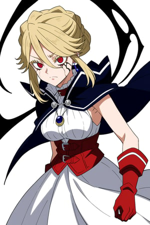 score_9, score_8_up, score_7, source_anime, anime screencap, BREAK,
1girl, Karna Freese, , blue cape, red choker, white dress, red boots, single bun, solo, 

, Corrupted version, blonde hair, red eyes,

, Cowboy shot, 

, ((white background, blank background)):1.3, Corrupted version