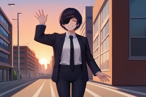 score_9, score_8_up, score_7_up, source_anime, solo, 1girl, csmhimeno, grin, looking at viewer, standing, waving, closed eyes, eyepatch, formal, black jacket, suit jacket, open jacket, long sleeves, white shirt, collared shirt, shirt tucked in, black necktie, black pants, sunset, outdoors, city street 