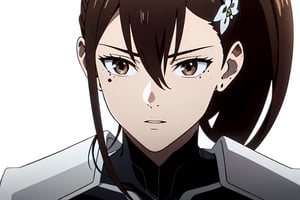 Masterpiece, best quality, hi-res, dynamic lighting, highly detailed anime art style,

1girl, solo, mature female, long hair, hair between eyes, mole, brown eyes, ponytail, hair ornament,
 
, Bodysuit, armor,
Closeup

, ((white background, blank background )):1