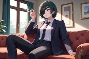 score_9, score_8_up, score_7_up, solo, 1girl, csmhimeno, expressionless, looking away, sitting, couch, holding cigarette, between fingers, green eyes, eyepatch, formal, black jacket, suit jacket, open jacket, long sleeves, white shirt, collared shirt, shirt tucked in, black necktie, black pants, indoors 