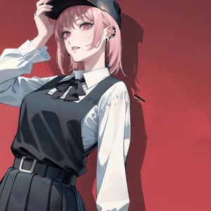 fami \(chainsaw man\), pink hair, red eyes, jewelry, earrings

Default Outfit: black hat, school uniform, pinafore dress, white shirt, neck ribbon