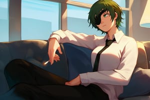 score_9, score_8_up, score_7_up, solo, 1girl, csmhimeno, expressionless, looking away, sitting, couch, holding cigarette, between fingers, green eyes, eyepatch, formal, black jacket, suit jacket, open jacket, long sleeves, white shirt, collared shirt, shirt tucked in, black necktie, black pants, indoors 