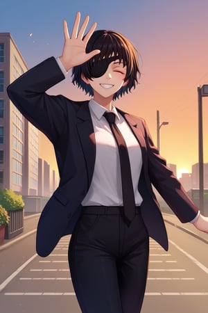 score_9, score_8_up, score_7_up, source_anime, solo, 1girl, csmhimeno, grin, looking at viewer, standing, waving, closed eyes, eyepatch, formal, black jacket, suit jacket, open jacket, long sleeves, white shirt, collared shirt, shirt tucked in, black necktie, black pants, sunset, outdoors, city street 