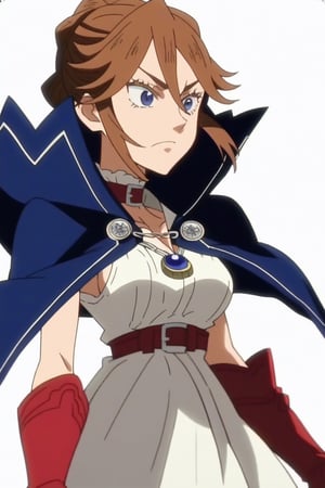 score_9, score_8_up, score_7, source_anime, anime screencap, BREAK,
1girl, Karna Freese, brown hair, blue eyes, blue cape, red choker, white dress, red boots, 

, Cowboy shot, 

, ((white background, blank background)):1.3,