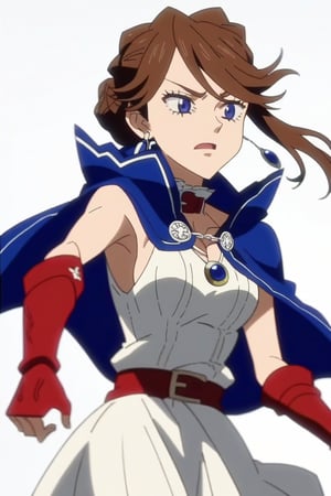 score_9, score_8_up, score_7, source_anime, anime screencap, BREAK,
1girl, Karna Freese, brown hair, blue eyes, blue cape, red choker, white dress, red boots, single bun, 

, Cowboy shot, 

, ((white background, blank background)):1.3,