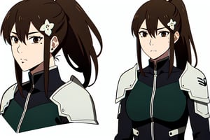 1girl, solo, mature female, long hair, hair between eyes, mole, brown eyes, ponytail, hair ornament,
 
, Bodysuit, armor,

Character sheet
, ((white background )):1