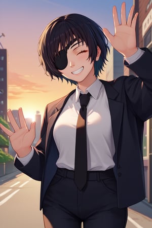 score_9, score_8_up, score_7_up, source_anime, solo, 1girl, csmhimeno, grin, looking at viewer, standing, waving, closed eyes, eyepatch, formal, black jacket, suit jacket, open jacket, long sleeves, white shirt, collared shirt, shirt tucked in, black necktie, black pants, sunset, outdoors, city street 