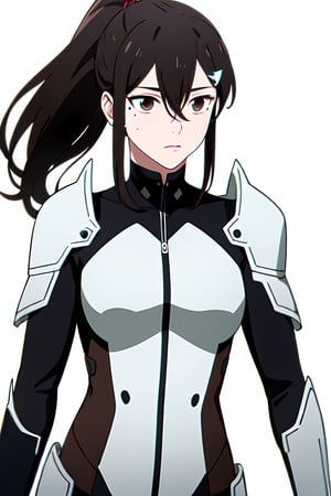 Masterpiece, best quality 

1girl, solo, mature female, long hair, hair between eyes, mole, brown eyes, ponytail, hair ornament,
 
, Bodysuit, armor,


, ((white background, blank background )):1