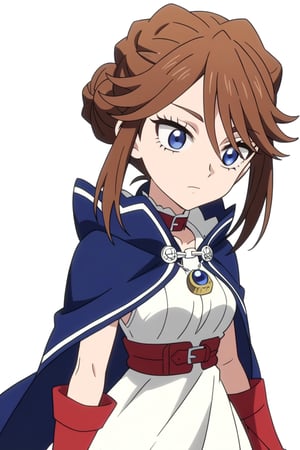 score_9, score_8_up, score_7, source_anime, anime screencap, BREAK,
1girl, Karna Freese, brown hair, blue eyes, blue cape, red choker, white dress, red boots, single bun, 

, Cowboy shot, 

, ((white background, blank background)):1.3,