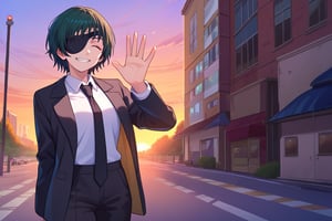 score_9, score_8_up, score_7_up, source_anime, solo, 1girl, csmhimeno, grin, looking at viewer, standing, waving, closed eyes, eyepatch, formal, black jacket, suit jacket, open jacket, long sleeves, white shirt, collared shirt, shirt tucked in, black necktie, black pants, sunset, outdoors, city street 