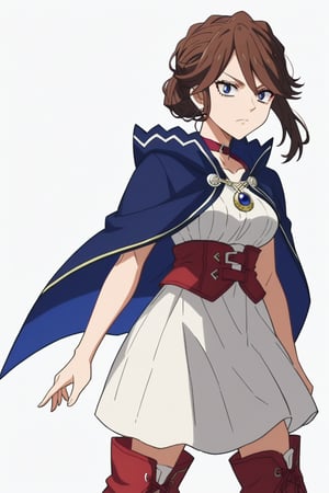 score_9, score_8_up, score_7, source_anime, anime screencap, BREAK,
1girl, Karna Freese, brown hair, blue eyes, blue cape, red choker, white dress, red boots, single bun, 

, Cowboy shot, 

, ((white background, blank background)):1.3,