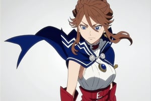 score_9, score_8_up, score_7, source_anime, anime screencap, BREAK,
1girl, Karna Freese, brown hair, blue eyes, blue cape, red choker, white dress, red boots, 

, Cowboy shot, 

, ((white background, blank background)):1.3,