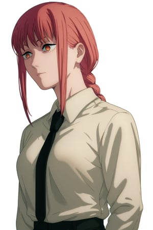 score_9, score_8_up, score_7_up, score_6_up, score_5_up, score_4_up, BREAK, source_anime,makima_v1, 1girl, red hair, ringed eyes, braided ponytail, solo, black necktie, shirt, collared shirt,black_pants,

, close-up view,




,(( white background, blank background)),chainsaw_man_style