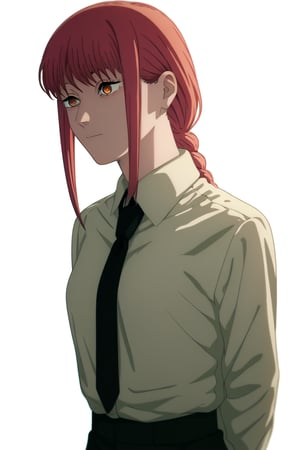 score_9, score_8_up, score_7_up, score_6_up, score_5_up, score_4_up, BREAK, source_anime,makima_v1, 1girl, red hair, ringed eyes, braided ponytail, solo, black necktie, shirt, collared shirt,black_pants,

, close-up view,




,(( white background, blank background)),chainsaw_man_style