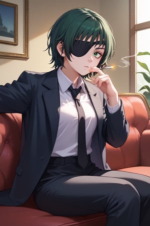 score_9, score_8_up, score_7_up, solo, 1girl, csmhimeno, expressionless, looking away, sitting, couch, holding cigarette, between fingers, green eyes, eyepatch, formal, black jacket, suit jacket, open jacket, long sleeves, white shirt, collared shirt, shirt tucked in, black necktie, black pants, indoors 