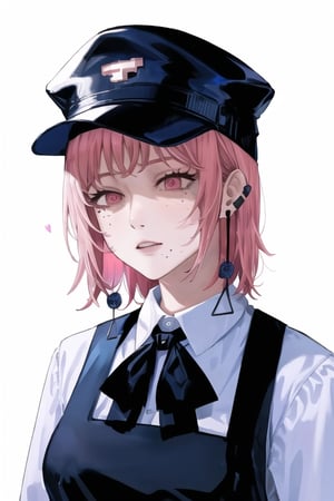 fami \(chainsaw man\), pink hair, red eyes, jewelry, earrings

Default Outfit: black hat, school uniform, pinafore dress, white shirt, neck ribbon

White background:1.5