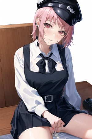 Creampie, cum in pussy, legs spread apart,

fami \(chainsaw man\), pink hair, red eyes, jewelry, earrings

Default Outfit: black hat, school uniform, pinafore dress, white shirt, neck ribbon

White background:1.5