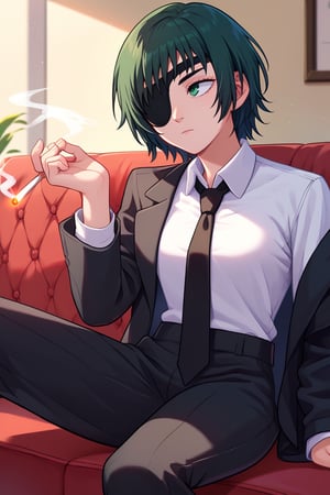 score_9, score_8_up, score_7_up, solo, 1girl, csmhimeno, expressionless, looking away, sitting, couch, holding cigarette, between fingers, green eyes, eyepatch, formal, black jacket, suit jacket, open jacket, long sleeves, white shirt, collared shirt, shirt tucked in, black necktie, black pants, indoors 