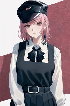 fami \(chainsaw man\), pink hair, red eyes, jewelry, earrings

Default Outfit: black hat, school uniform, pinafore dress, white shirt, neck ribbon

White background:1