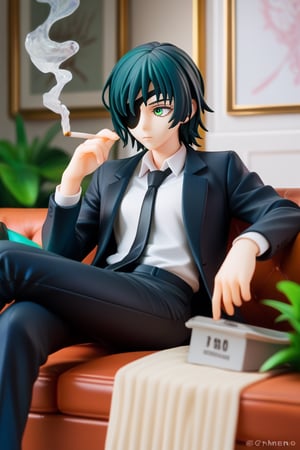 score_9, score_8_up, score_7_up, solo, 1girl, csmhimeno, expressionless, looking away, sitting, couch, holding cigarette, between fingers, green eyes, eyepatch, formal, black jacket, suit jacket, open jacket, long sleeves, white shirt, collared shirt, shirt tucked in, black necktie, black pants, indoors 