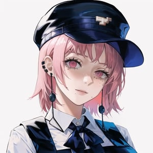 fami \(chainsaw man\), pink hair, red eyes, jewelry, earrings

Default Outfit: black hat, school uniform, pinafore dress, white shirt, neck ribbon

White background:1.5