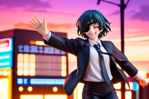 score_9, score_8_up, score_7_up, source_anime, solo, 1girl, csmhimeno, grin, looking at viewer, standing, waving, closed eyes, eyepatch, formal, black jacket, suit jacket, open jacket, long sleeves, white shirt, collared shirt, shirt tucked in, black necktie, black pants, sunset, outdoors, city street 