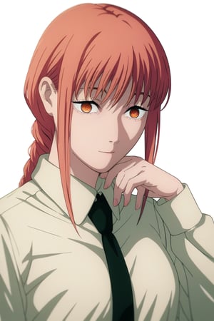 score_9, score_8_up, score_7_up, score_6_up, score_5_up, score_4_up, BREAK, source_anime,makima_v1, 1girl, red hair, ringed eyes, braided ponytail, solo, black necktie, shirt, collared shirt,black_pants,

, close-up view,




,(( white background, blank background)),chainsaw_man_style