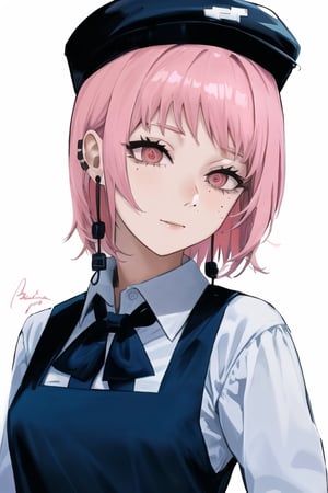 fami \(chainsaw man\), pink hair, red eyes, jewelry, earrings

Default Outfit: black hat, school uniform, pinafore dress, white shirt, neck ribbon

White background:1.5