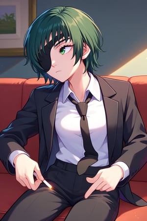 score_9, score_8_up, score_7_up, solo, 1girl, csmhimeno, expressionless, looking away, sitting, couch, holding cigarette, between fingers, green eyes, eyepatch, formal, black jacket, suit jacket, open jacket, long sleeves, white shirt, collared shirt, shirt tucked in, black necktie, black pants, indoors 