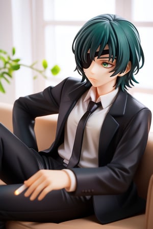 score_9, score_8_up, score_7_up, solo, 1girl, csmhimeno, expressionless, looking away, sitting, couch, holding cigarette, between fingers, green eyes, eyepatch, formal, black jacket, suit jacket, open jacket, long sleeves, white shirt, collared shirt, shirt tucked in, black necktie, black pants, indoors 