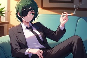 score_9, score_8_up, score_7_up, solo, 1girl, csmhimeno, expressionless, looking away, sitting, couch, holding cigarette, between fingers, green eyes, eyepatch, formal, black jacket, suit jacket, open jacket, long sleeves, white shirt, collared shirt, shirt tucked in, black necktie, black pants, indoors 