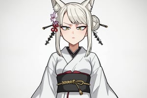 score_9, score_8_up, score_7, source_anime, anime screencap, BREAK,
 1girl, Ginnojomorifuyu Kezokaku, white hair, white kimono, hair flower, single bun, Snow yojutsu,White fox form, white fox ears, 

Cowboy shot, 

, ((white background, blank background)):1.3,
,