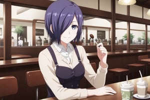 , slimes_touka, woman, solo, black skirt, hair over one eye, smile, cafe background