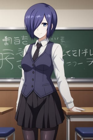 , slimes_touka, woman, solo, black skirt, hair over one eye, smile, cafe background,1girl, solo, short hair, blue eyes, skirt, shirt, blue hair, standing, white shirt, pantyhose, necktie, collared shirt, indoors, hair over one eye, vest, black pantyhose, black necktie, black vest, chalkboard, kirishima touka