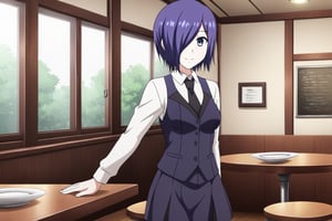 , slimes_touka, woman, black skirt, hair over one eye, smile, cafe background,1girl, solo, short hair, blue eyes, skirt, shirt, blue hair,  white shirt, pantyhose, necktie, collared shirt, indoors, hair over one eye, vest, black pantyhose, black necktie, black vest,  kirishima touka