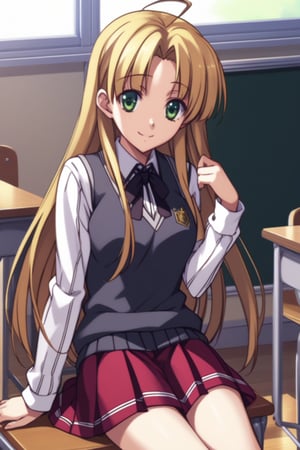 score_9, score_8_up, score_7_up, source_anime,asiaargento, ,asia argento, long hair, blonde hair, green eyes, parted bangs, ahoge, smile,skirt, shirt, long sleeves, ribbon, school uniform, pleated skirt, vest, red skirt, sweater vest,indoors, classroom, sitting, desk, chair,looking at viewer, dutch angle, cowboy shot,