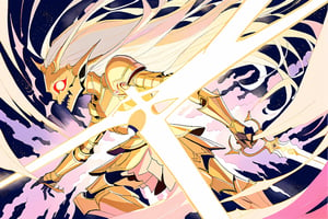 anime art style,
Golden Blight Demon: A blight demon with shimmering golden armor and tendrils of dark energy emanating from its twisted form. Fight Scenario: The Golden Blight Demon faces off against a legendary warrior wielding a holy sword, the clash of light and darkness echoing through a cursed battleground as the fate of the realm hangs in the balance.

subtle vibtrant colors, subtle lsd colors, pyschadellic colors,

,scary