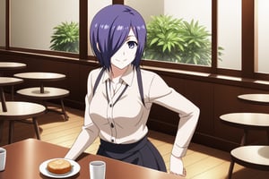 , slimes_touka, woman, solo, black skirt, hair over one eye, smile, cafe background