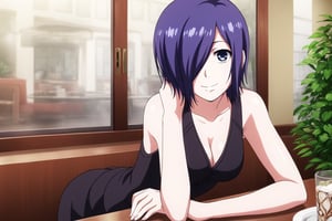 , slimes_touka, woman, solo, black skirt, hair over one eye, smile, cafe background