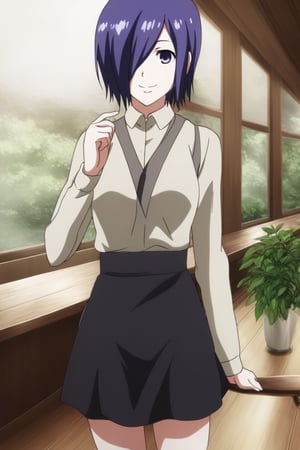 , slimes_touka, woman, solo, black skirt, hair over one eye, smile, cafe background